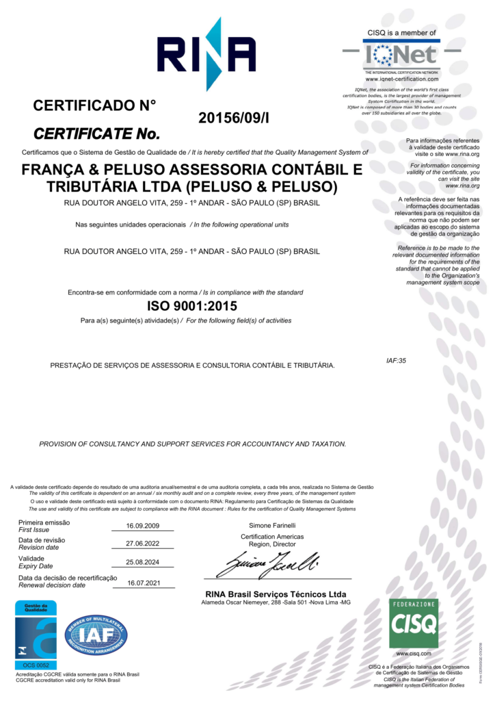 Certificado FranÇa 9001 Português 1 - Contabilidade na Zona Leste - SP | Peluso & Associados