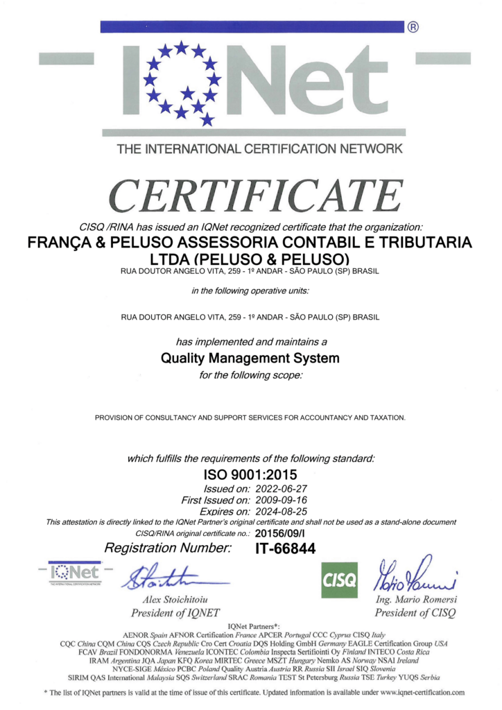 Certificado Iqnet FranÇa 9001 Inglês 1 - Contabilidade na Zona Leste - SP | Peluso & Associados